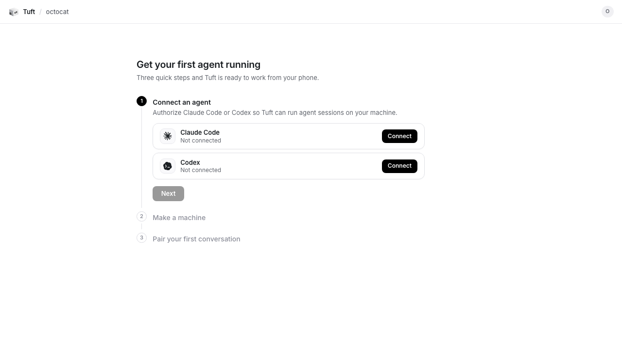 The first-run onboarding flow with Connect an agent, Make a machine, and Pair your first conversation steps