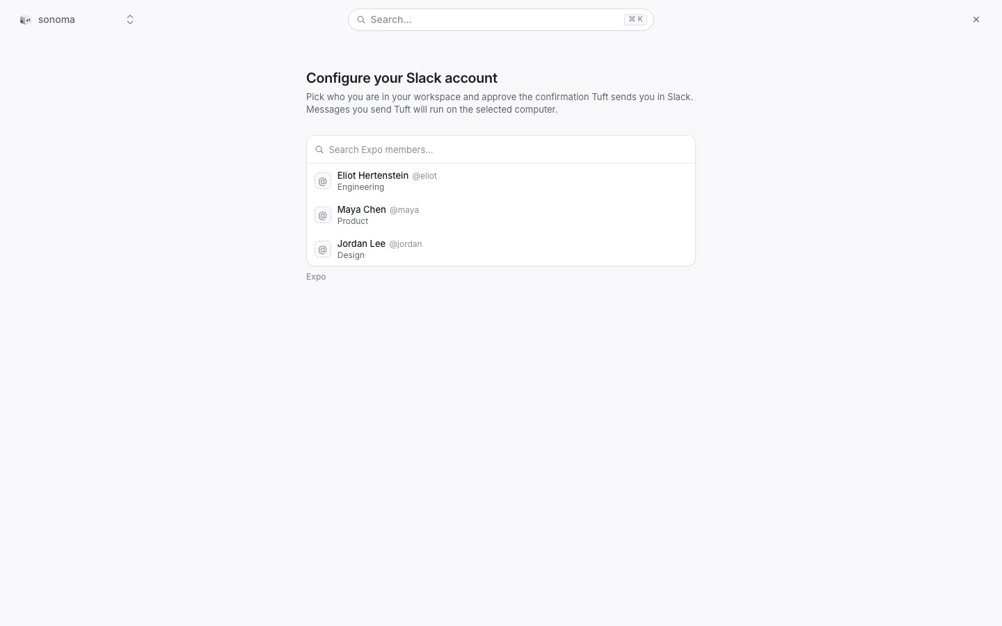 The Slack pairing flow showing the workspace member picker